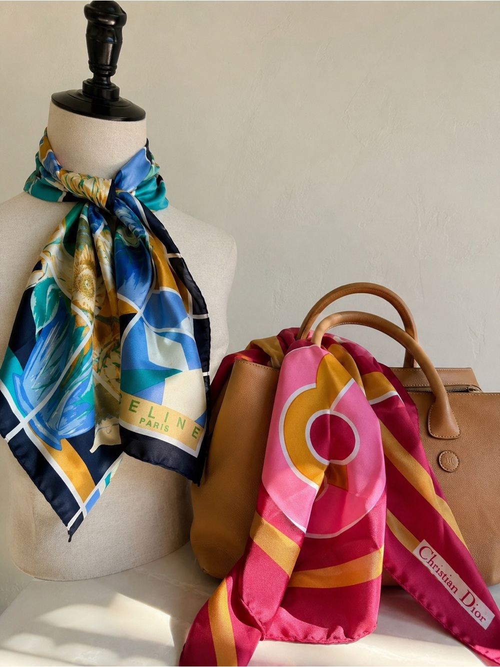 Celine Silk Scarf in Navy, Teal & Mustard - Picture 4 of 4